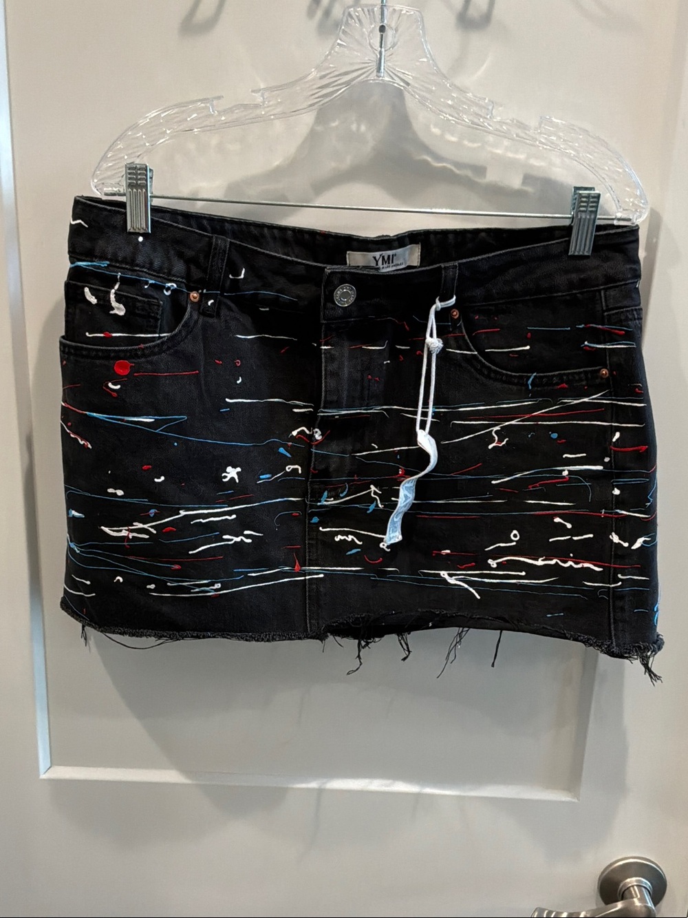 NWT YMI Large Black Denim Mini Skirt with Red White Blue Paint Splatter Y2K